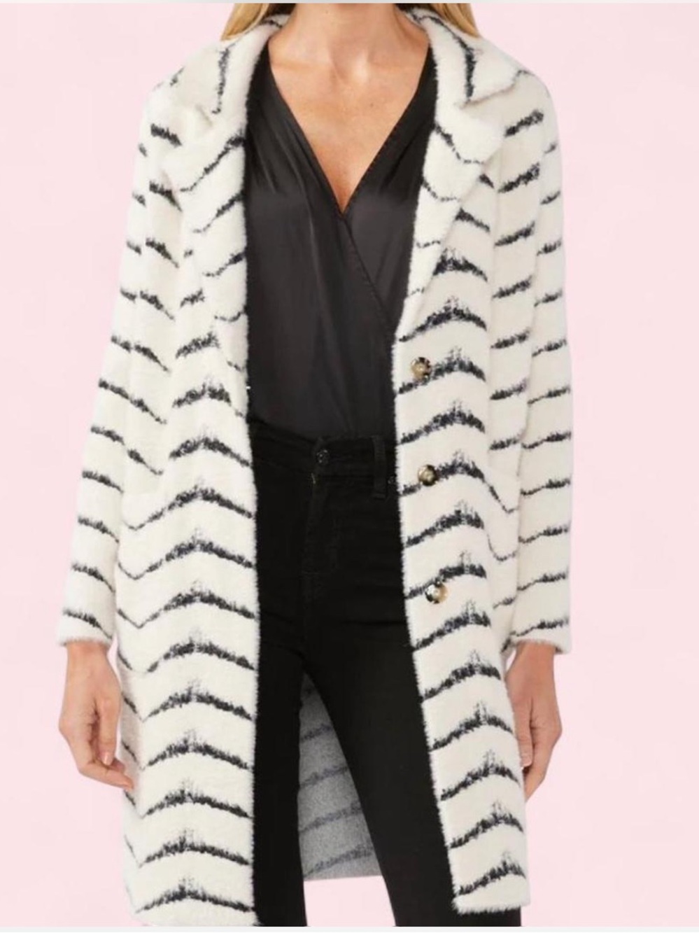 Love Stitch White and Black Striped Fuzzy Long Cardigan